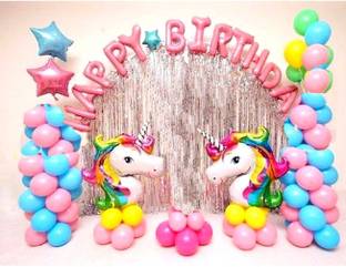 Anayatech unicorn theme happy birthday combo-13 happy birthday foil,2 unicorn balloon , 3 star,2 silver curtain,30 multicolor balloonl(pack of 50)