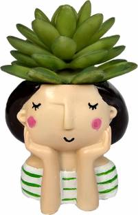 Homesutraa Resin Thinking Girl Shaped Small Mini Cute Fancy Decorative Pot (9 X 7.5 X 9 CM) Plant Container Set