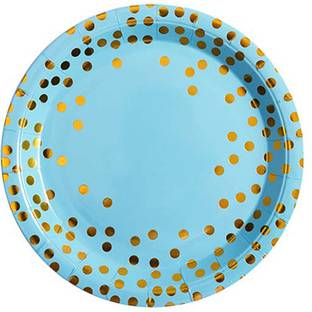 Hippity Hop Blue and Gold Foil Polka Dot Disposable Paper Plates Dinnerware Plates for Party 9 inches (Blue) (Pack of 10) Quarter Plate