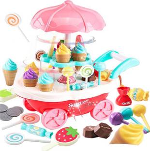 MARATHON 30pcs Mini Sweet Cart Pretend Play Ice Cream Sweet Shop Lighting Music Children Educational Plastic Cosplay Kitchen Toys Set
