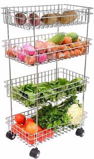WAYMORE 4 Layer Fruits & Vegetable Onion Trolley Container Basket Organizer Stainless Steel Kitchen Trolley