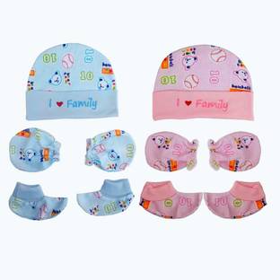 Fareto New Born Baby Combo Of Baby Mittens, Caps & Booties( Pack Of 2)(0-3 Months)