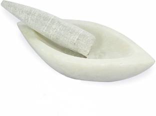 Feelorna White Marble Boat Shape Medicine Herb Crusher/Imam Dasta/Mortar and Pestle Set/Ohkli Musal/Kharal/Idi Kallu/Khal Musal/Khalbatta/Spice Grinder -7 Inch Marble Masher