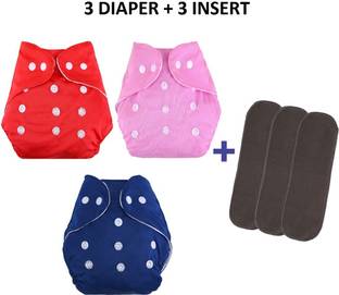 GRAYSEE Reusable Cloth Diaper, Washable Adjustable Infants Nappy with Insert- (0-12 Months, Pad Included) - Pack/Combo of (3 Cloth Diaper+3 Charcoal Insert)