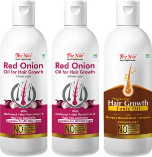 The Nile Red Onion Oil with Redensyl + Hair Revitalizer, Hair Regrowth & Hair Fall Control Hair Oil 100 ML + Red Onion Oil with Redensyl + Hair Revitalizer, Hair Regrowth & Hair Fall Control Hair Oil 100 ML + 100 % Pure and Natural Hair Growth Tonic For Hair Regrowth, Anti Hair Fall 100 ML (Set of 3 Bottle 300 ML) Hair Oil