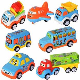 WISHKEY Unbreakable Power Friction Pull Back, Push and Go Car,Crawling Vehicle Toy for Kids - Set of 7