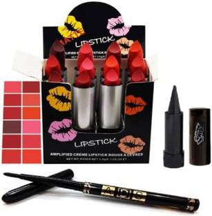 ads Kajal+Black Eyeliner Pencil+12Pcs Cute Cat Combo Balm Lipstick (Pack of 14)