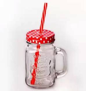 RK ONLINE SALES Jar Bottle with Handle, Colored Cap Lid & Straw for Juice Glass Mug (500 ml)