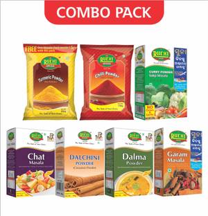 RUCHI Combo Pack (Turmeric Powder 250gm, Chilli Powder 100gm, Curry Powder 100gm, Garam Masala 50gm, Chat Masala 50gm, Dalchini Powder 100gm, Dalma Powder 50gm) Combo