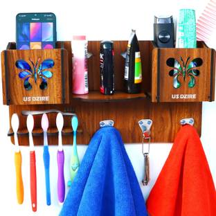 US DZIRE 850 Multi-Functional Clothes & Key, TOOTH BRUSH Hanger, Mobile Charging Wall Handcraft Stand Home & Office Wooden Wall Shelf