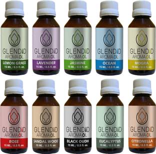 GLENDID Lemon Grass, Lavender, Jasmine, Ocean, Mogra, Rose, Sandal wood, Black Oudh, Eucalyptus, Citronella Aroma Oil Lemon Grass Lavender Jasmine Ocean Mogra Rose Sanal Wood Black Oudh Eucalyptus Citronella Diffuser Scented Fragrance Aroma oil (15 ML EACH)