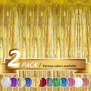 Saikara Collection 2 Pack Foil Fringe Curtain,Gold Tinsel Metallic Curtains Photo Backdrop for Wedding Engagement Bridal Shower Birthday Bachelorette Party Stage Decor(3.28 ft x 6.56 ft)