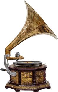 tahaart Antique Vintage Gramophone Record Player Original Working With Revolving Key Wooden, Brass Gramophone