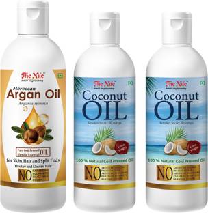 The Nile 100 % Pure Coconut Oil, Natural Kerala Cold Pressed Oil for Skin, Hair Regrowth, Eyebrows, Eyelashes, Lips, nails 100 ML + 100 % Pure Coconut Oil, Natural Kerala Cold Pressed Oil for Skin, Hair Regrowth, Eyebrows, Eyelashes, Lips, nails 100 ML + Moroccan Argan Hair Oil Pure Cold Pressed Blend of Essential Oil for Skin, Hair and Split Ends Thicker and Glossier Hair 200 ML Hair Oil
