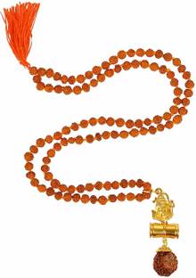 Takshila Gems 5 Face Rudraksha Mala with Shiv Rudraksha Damru Pendant Blessed and Energized Metal, Wood Necklace