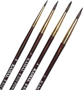 KAMAL Round Natural Pony Hair Non - Synthetic Set of 4 Paint Brushes for Artists or Students Suitable for Oil, Nail, Artist Acrylic Painting Handle - Brown Colour Handle