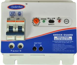 sudarshan Single Phase 2 Pole ELCB + RCCB + ISI Marked MCB 32 A with High Voltage, Overload Protection, Current 3 to 30mA (Shock Guard) in PVC Plastic Base Model. ELCB 04 MCB