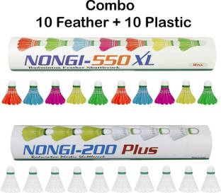 Nongi 550XL Combo Feather and प्लास्टिक शटल  - सफेद, बहुरंगी