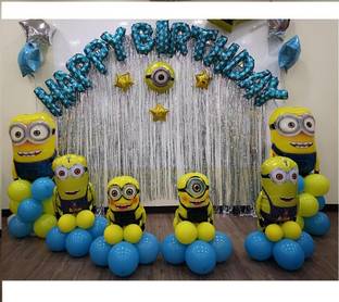 Anayatech MINION theme HAPPY BIRTHDAY combo(1 happy birthday foil ,2unicorn, 2 silver frill curtain,33 blue and yellow balloon) pack of 50