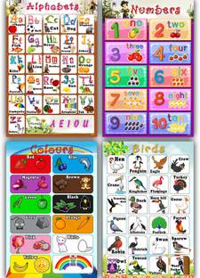 Set of 4 ABCD,1-10 numbers,colour and birds Alphabet Charts Wall Poster for Room Décor-01-02-03-04- Paper Print