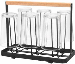 GINOYABROTHERS Black Glass Stand for Dining Mug Cup Organiser with 6 Hook Steel Glass Holder