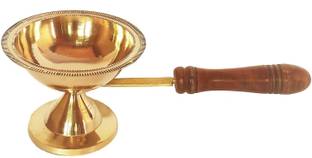 Real Craft Brass Dhoobakkal with Wooden Handle|Puja Dhoopakal|Pooja Dhoopkarandi|Traditional Brass Arthi|Arthi Holder|Pooja Camphor Burner|Arthi Item| Large Size 23 Cm| 200 Gm Brass Table Diya