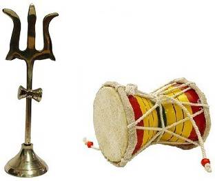 De-Ultimate Combo of 2 Pcs Trishul Statue (1 no ) With Round Stand And Hand Hammered (No 1) Wooden Damaru Puja Purpose Brass