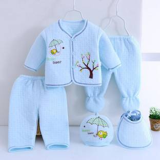 Fancy Walas New Born Baby Winter Wear Keep warm Cartoon Printing Baby Clothes 5Pcs Sets Cotton Baby Boys Girls Unisex Baby Fleece / Falalen Suit Infant Clothes First Gift For New Baby