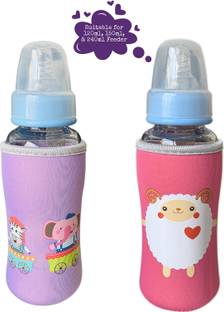 The Little Lookers Cute Animated Patterned Soft Stretchable Baby Feeding Bottle Cover with Easy to Hold Strap for 120ml, 150ml, 240ml (Zebra & Sheep, Pack of 2)
