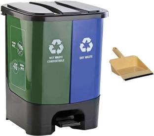 Randal Twin Bin Dry & Wet Waste Dustbin with Pedal (30 L) & Extra Unbreakable Dustpan ( Beige ) Plastic Dustbin