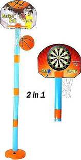 DawnRays Basketball with Net for Kids 2 in1 Basket Ball Set w/ Stand & Magnetic Dart Game, 2 in 1 Basketball & Dart Game, Indoor & Outdoor Games for Kids (Basketball Hoop Stand + Ball + Net+ 3 Darts)