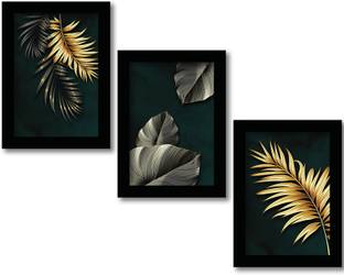 Rainbow Arts Golden and Black Leaf Art Paintings - Paintings for Home Decor - Set of 3 Digital Reprint 14 inch x 11 inch Painting