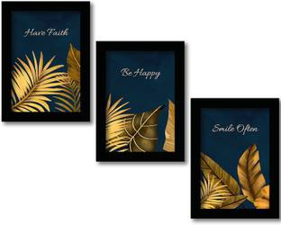 Rainbow Arts Golden Leaf Paintings for Home Wall Decor - Nature Paintings with Frame - Set of 3 Digital Reprint 14 inch x 11 inch Painting