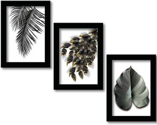 Rainbow Arts Framed Black Leaf Art - Wall Paintings with Frame - Botanical Leaf Painting - Set of 3 Digital Reprint 14 inch x 11 inch Painting