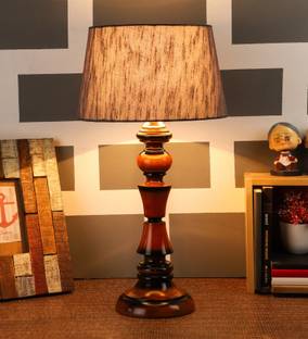 foziq Grey 10" Fabric Shade With Wood Base Table Lamp
