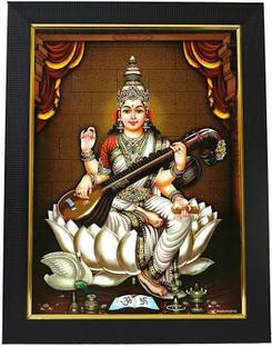 SAI BALAJI ACRALICS Saraswati photo with wooden frame (8 Inch x 12 Inch ) Digital Reprint 14 inch x 10 inch Painting