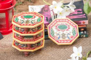 Paheli Craft Marble Octagonal Chowki Set of 5 With Peacock Design Aasan For Puja (4x4 inch, Multicolor) Marble Pooja Chowki