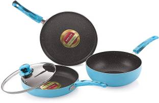 NIRLON Bluesea 4-Piece Aluminium Non Stick Cookware Gift Set with Glass Lid, Blue Non-Stick Coated Cookware Set