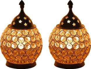 Sai Craft Creations Brass Akhand Set Diamond Crystal Deepak/Dia|With Glass Cover Akhand Jyoti | Magical Stand | Decorative Brass Crystal Candle Gift |Items For Home Brass, Crystal (Pack of 2) Table Diya Set