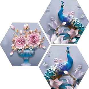 Masstone Peacock with Pink Flower Modern Art 3 Piece Hexagon MDF Painting Digital Reprint 21.5 inch x 21.5 inch Painting