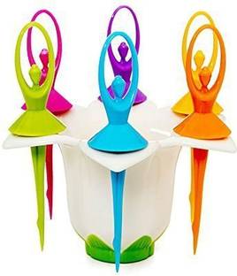 MOUNTHILLS Plastic Dancing Doll Fruit Fork Set With Stand, 6 PCS Fork Spoon Set in Each Stand (Multicolor, Pack Of 1) Disposable Plastic Fruit Fork