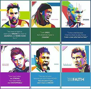 Football Players Inspirational Motivational Self Adhesive Wall Posters For Home & Office Decor (Multi) - Set of 6 Paper Print