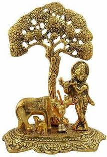Gadgetify Metal Krishna with Cow Standing Under Tree Plying Flute - 17 cm (Brass) Decorative Showpiece  -  18 cm
