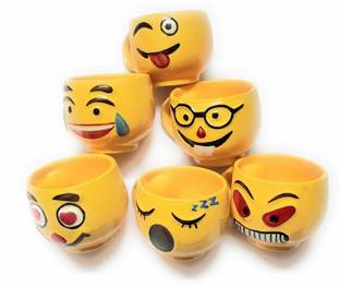 RAGHAV EMPORIUM Pack of 6 Ceramic Pack of 6 Ceramic SMILE YFACE CUPS EMOJI STYLE CUP  (Yellow)