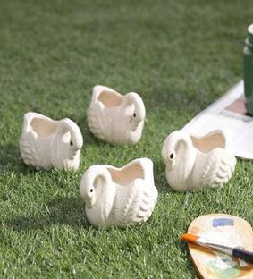 Bright Shop Ceramic Clay Planter Pots For Garder Décor Swan Shape, White Color,Pack Of 4 Ceramic Vase