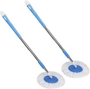Tankit Mop 360° Smart Lock Rotate Stainless Stell Rod With Plate And Microfiber Refill Pack of 2 Mop Rod With 2 Refill Head and Refill (Blue) Floor Wiper