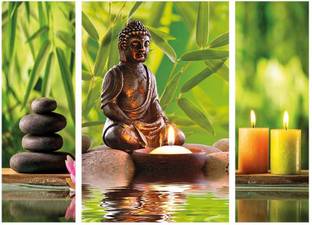 Janki Modern Art Lord Buddha 3 Piece Set of 3 MDF Wall Paintings Digital Reprint 12 inch x 18 inch Painting