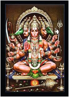 SAI BALAJI ACRALICS Panchmukhi Hanuman Photo with wooden frame Digital Reprint 12 inch x 8 inch Painting