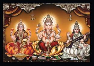SAI BALAJI ACRALICS Lakshmi Ganesh Saraswati photo with wooden frame Digital Reprint 12 inch x 8 inch Painting