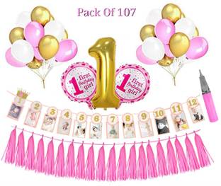 DECOR MY PARTY 1st Birthday Decor Decoration for Birthday First Birthday Party Decoration Items For Baby Girl / 1st Birthday Decorations Items With 1st Year Photo Banner , 1 number & Metallic Balloon